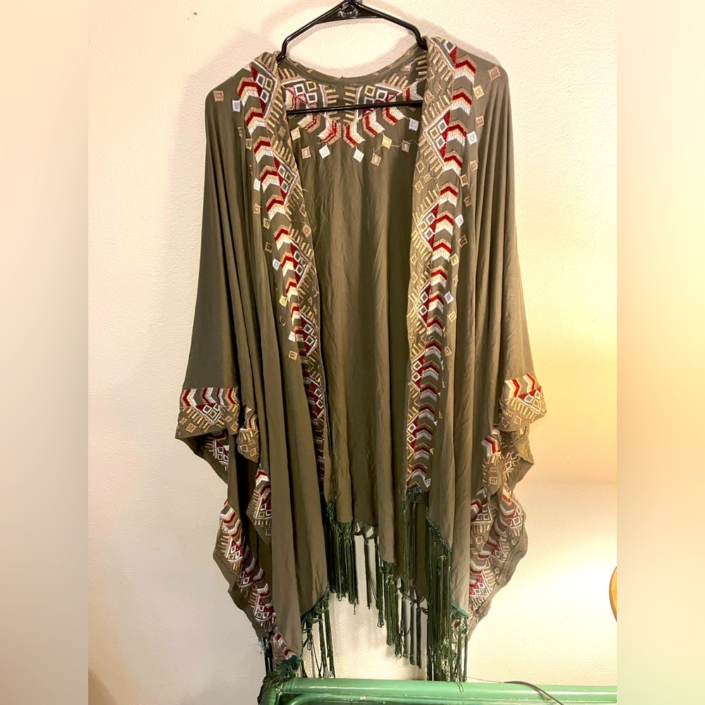 Super cute green embroidered shawl with fringe